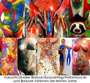 Diverse Bodyactionpainting-Performances und Bodyart-Aktionen mit zahlreichen weiblichen Aktmodellen in Stuttgart - naked nude on stage