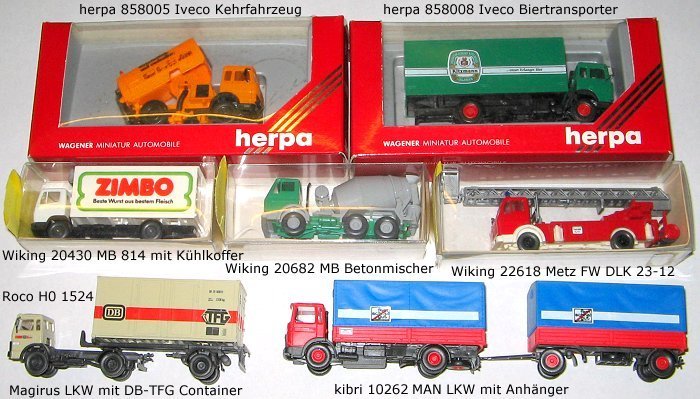 Ich habe 7 Modellbahn-LKWs zu verkaufen: herpa 858005 und 858008, Wiking 20430, 20682 und 22618, Kibri 10262, Roco H0 1524