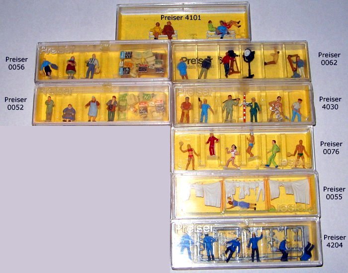 Ich habe 8 Packungen Preiser Modellbahnfiguren zu verkaufen: 0052, 0055, 0056, 0062, 0076, 4030, 4101, 4204